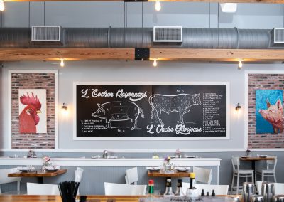BRQ Restaurant - Wall treatments, art, chalkboard, air duct system, celing beams and lighting